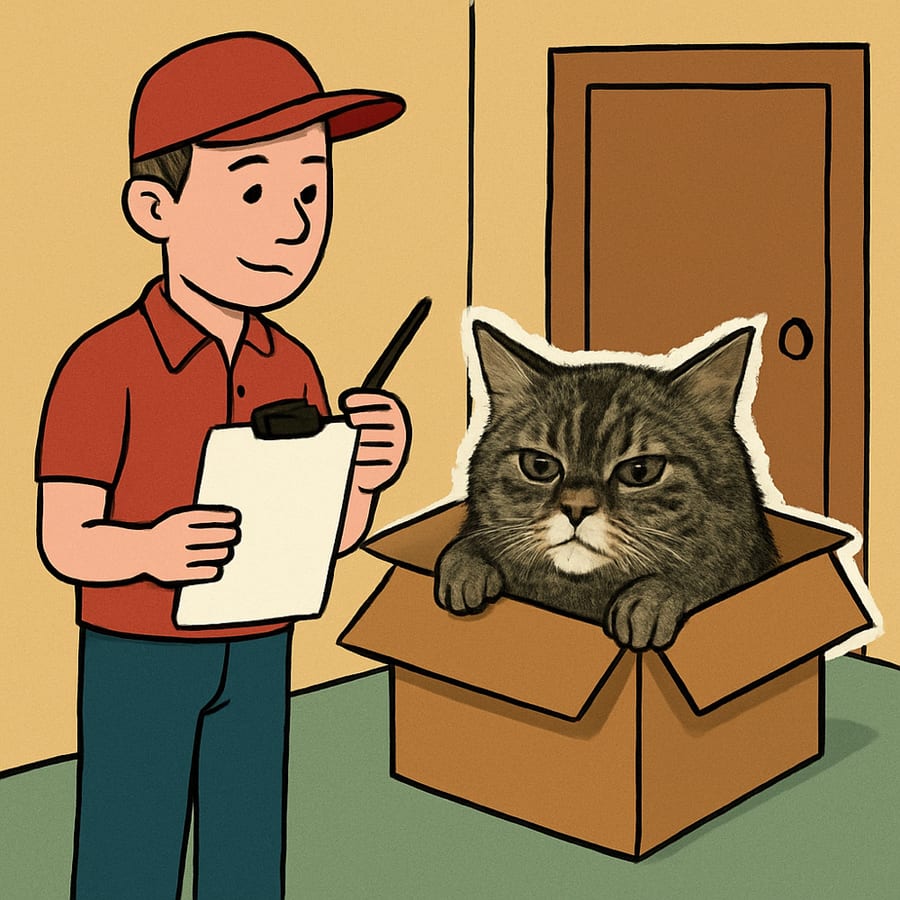 A courier holds a pen over a blank clipboard sheet while a cat sits inside the cardboard box on the floor