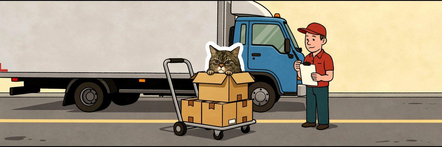 The delivery van at the kerb with a hand truck of boxes, a cat sitting in the top box and the driver waiting with his clipboard