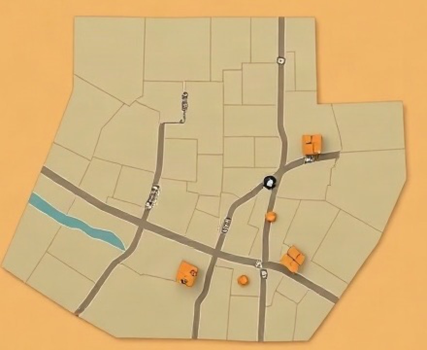 A simple coverage map of the delivery area with roads, a river and a few cardboard boxes marked on it